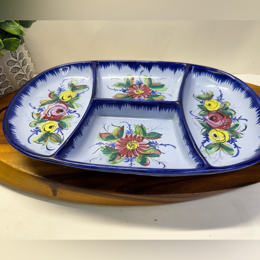 Signed Portugal Platter Dish /Divided Hand Painted Blue Floral Vintage